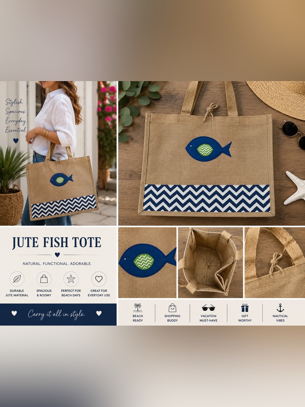 Nautical Jute Tote Bag with Blue Fish Appliqué | Beach Market Shopping Bag